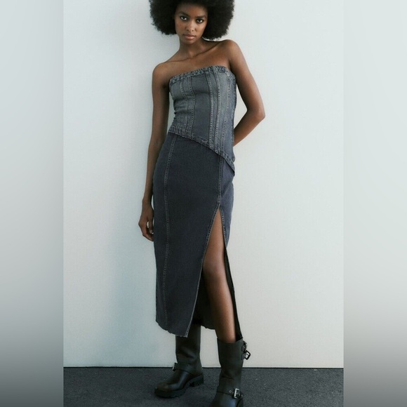 Zara Strapless Denim Midi Dress in Small - Picture 1 of 10